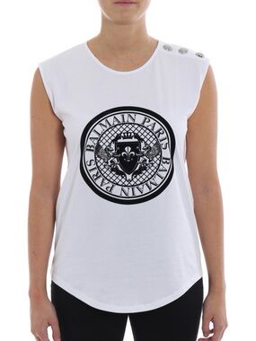 Balmain Authentic Cotton Logo White Tank Top with Silver Buttons FR 34. Like New